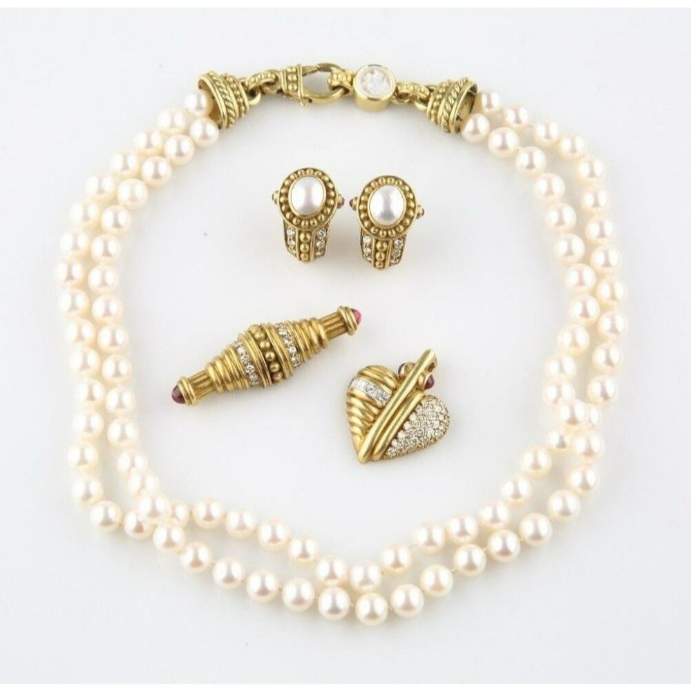 Judith Ripka 18k Gold Diamond Pearl Jewelry Set Necklace Earrings Pendant Brooch